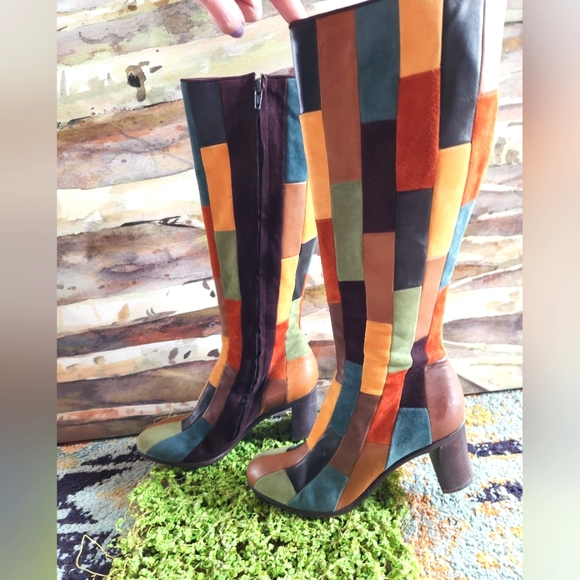 ANNA SUI RARE Patchwork  Leather Olive Brown Rust Teal Zip Heels Boots 40 - Picture 4 of 16